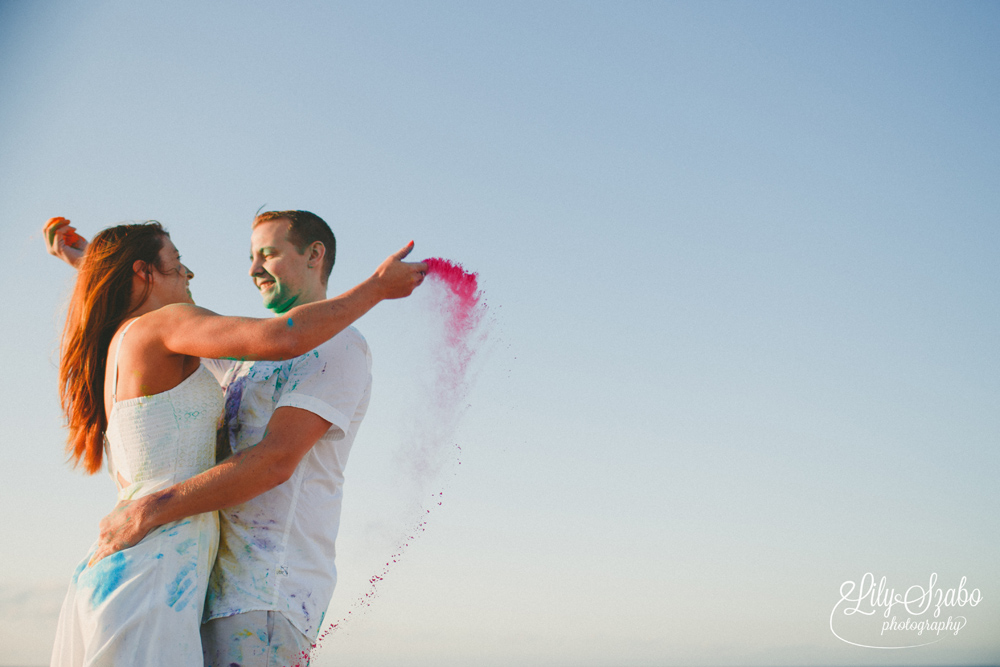 Colorful Holi Powder Beach Engagement Shoot