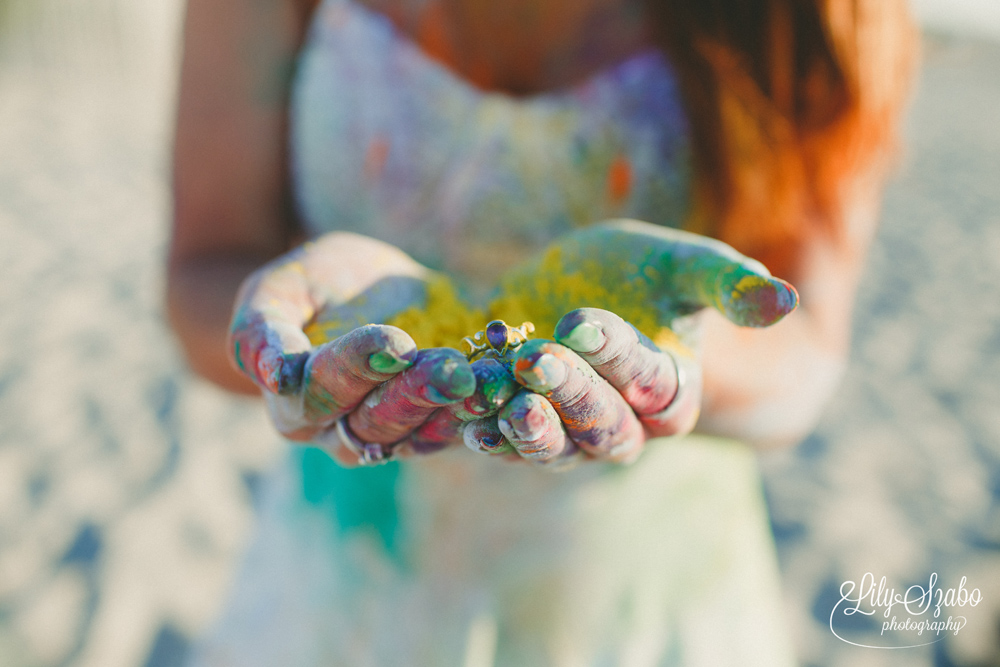 Colorful Holi Powder Beach Engagement Shoot