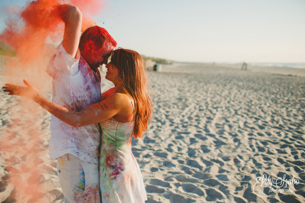 Colorful Holi Powder Beach Engagement Shoot