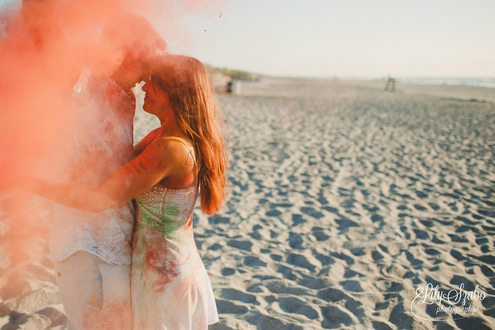 Colorful Holi Powder Beach Engagement Shoot