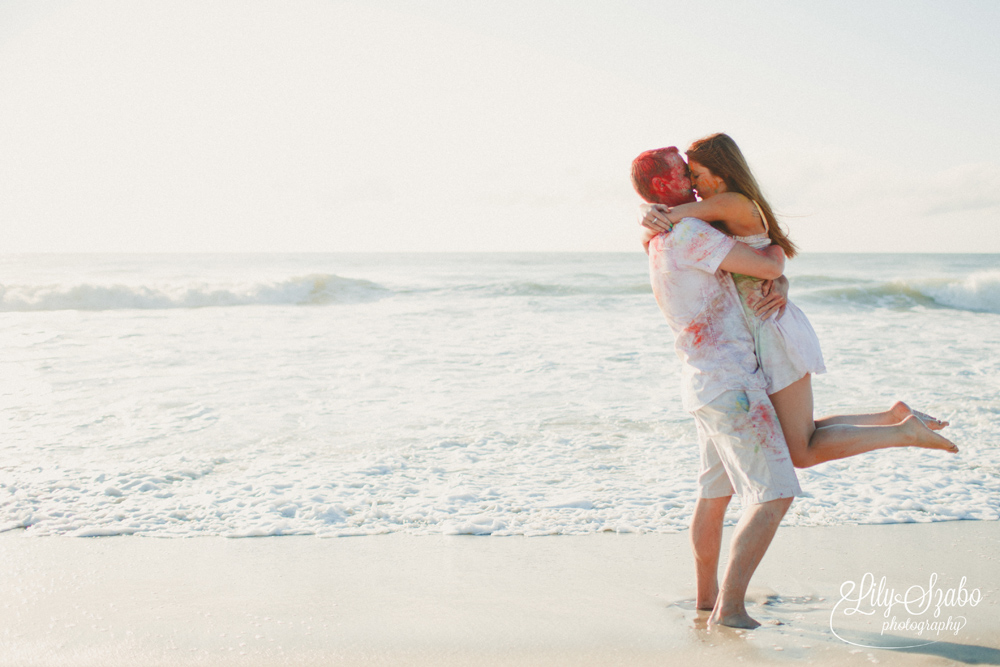 Colorful Holi Powder Beach Engagement Shoot